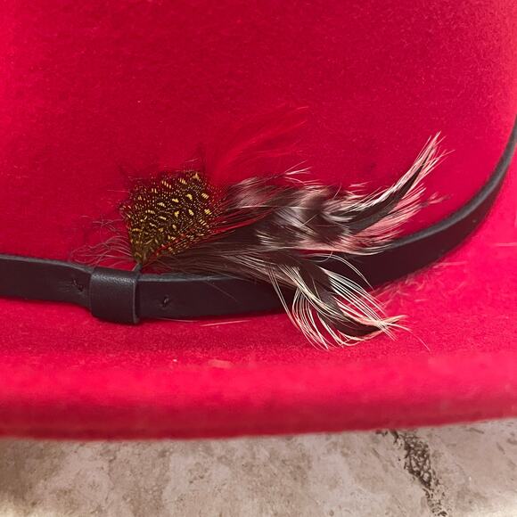 Red 100% Wool USA Fedora Hat L | Feather Holiday Western Revival Nashville - Picture 3 of 11